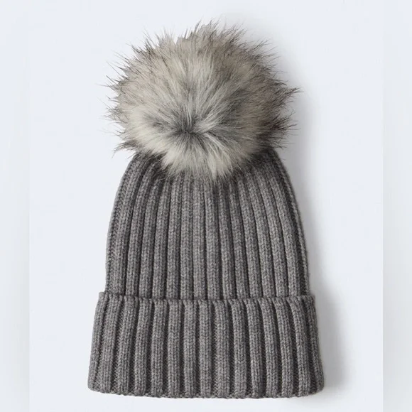 Quince Gray Ribbed Beanie with Faux Fur Pom-Pom Winter Hats for Women, Soft Beanie hat with Faux Fur Pom for  main image 3